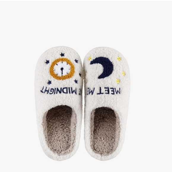 Cozy White Slippers with Moon and Clock Design "Meet Me At Midnight" - Picture 1 of 3